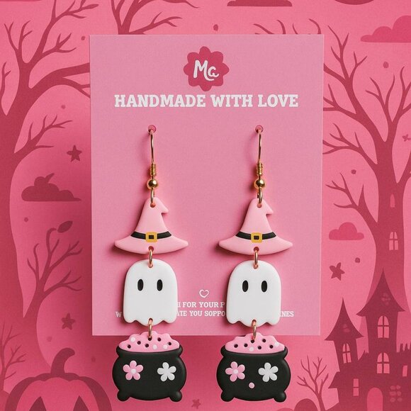 Pink Witch Ghost Earrings — Cute Halloween Cauldron Dangle Spooky Jewelry - Picture 1 of 4
